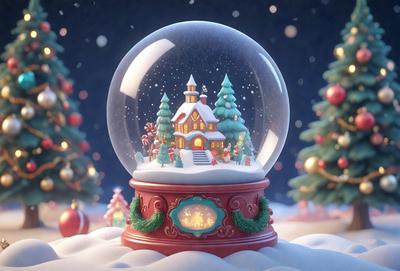 The primary subject of the image is a Christmas ornament, which is a decorative glass ball featuring a house and trees. The setting is a snowy environment, with a Christmas tree in the background. The visual style is a digital art or illustration, creating a festive and cozy atmosphere. The dominant colors are red, white, and green, which are commonly associated with Christmas decorations.